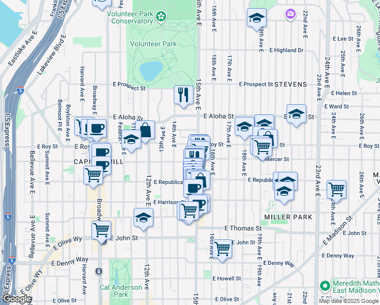 map of restaurants, bars, coffee shops, grocery stores, and more near 1509 East Mercer Street in Seattle