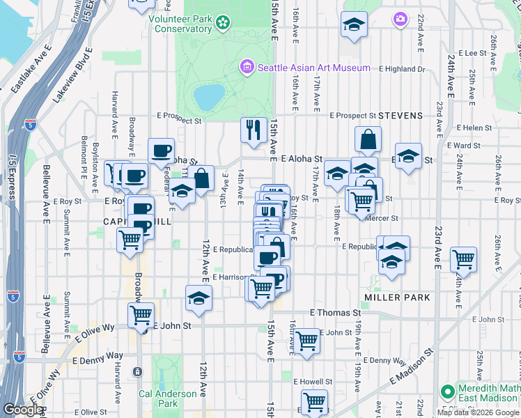 map of restaurants, bars, coffee shops, grocery stores, and more near 1509 East Mercer Street in Seattle