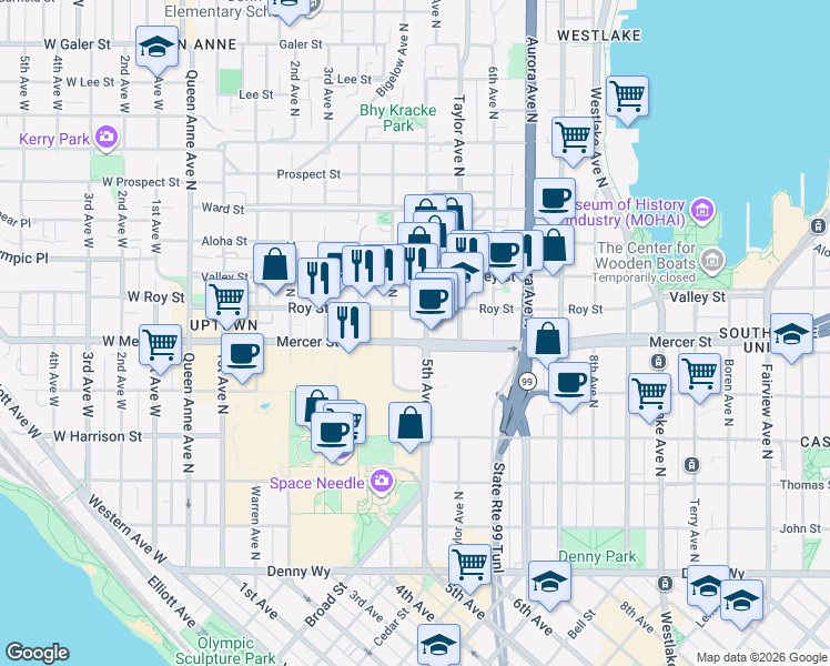 map of restaurants, bars, coffee shops, grocery stores, and more near in Seattle