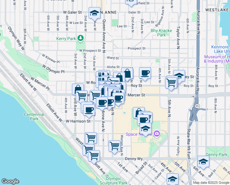 map of restaurants, bars, coffee shops, grocery stores, and more near 606 1st Avenue North in Seattle