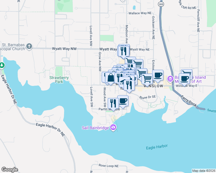 map of restaurants, bars, coffee shops, grocery stores, and more near 210 Grow Avenue Northwest in Bainbridge Island