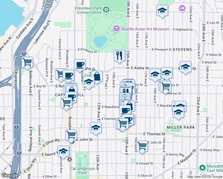 map of restaurants, bars, coffee shops, grocery stores, and more near 615 14th Avenue East in Seattle