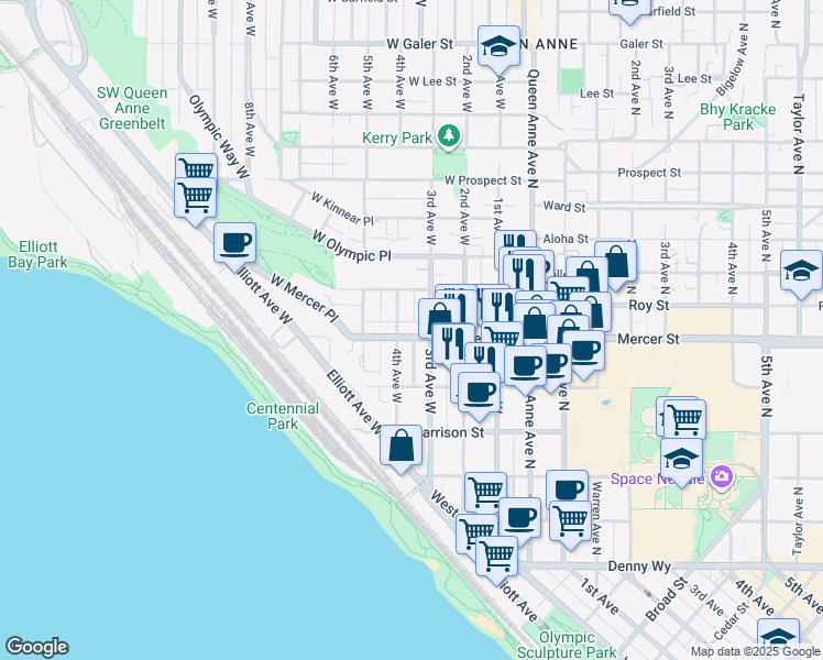 map of restaurants, bars, coffee shops, grocery stores, and more near 617 3rd Avenue West in Seattle