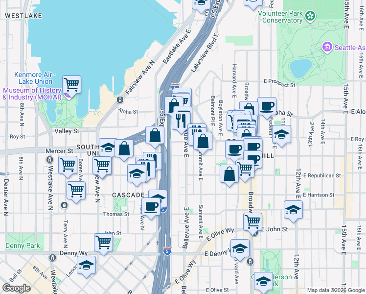 map of restaurants, bars, coffee shops, grocery stores, and more near 615 Bellevue Avenue East in Seattle