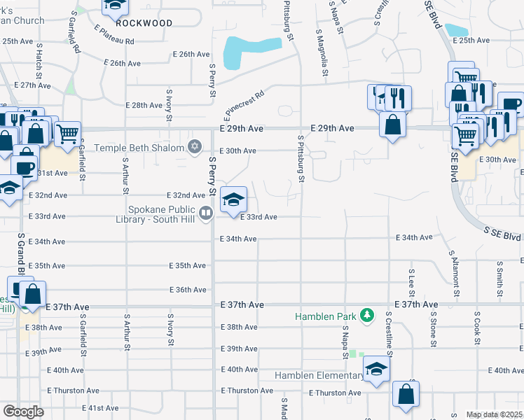 map of restaurants, bars, coffee shops, grocery stores, and more near 1603 East 33rd Avenue in Spokane
