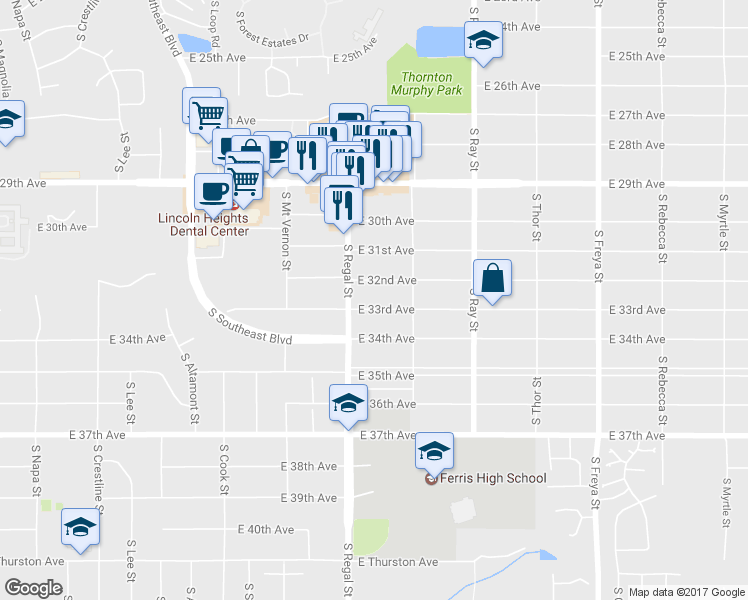 map of restaurants, bars, coffee shops, grocery stores, and more near 2919 East 33rd Avenue in Spokane