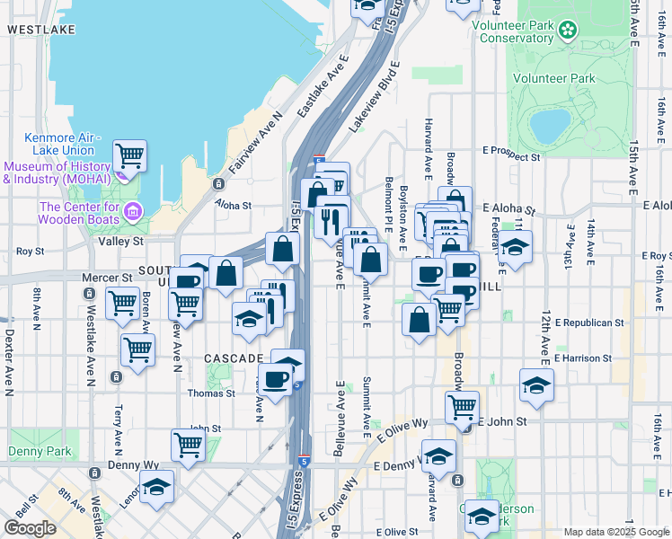 map of restaurants, bars, coffee shops, grocery stores, and more near 650 Bellevue Avenue East in Seattle
