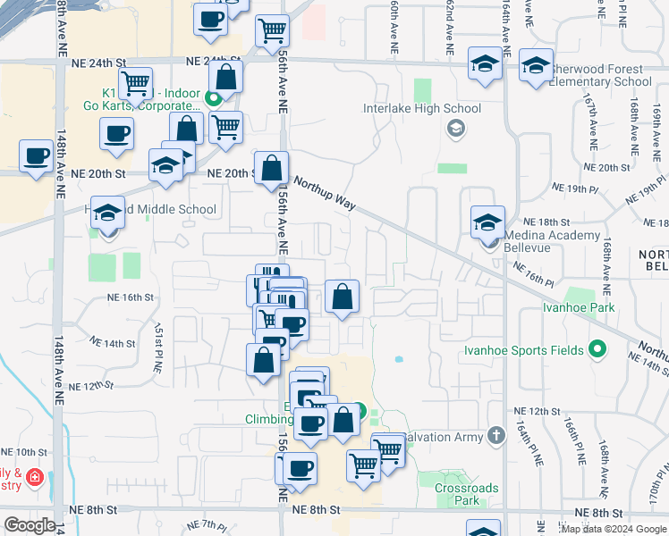 map of restaurants, bars, coffee shops, grocery stores, and more near 15865 Northup Way in Bellevue