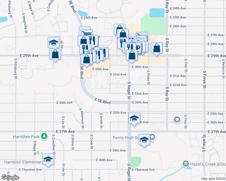 map of restaurants, bars, coffee shops, grocery stores, and more near 2717 East 33rd Avenue in Spokane