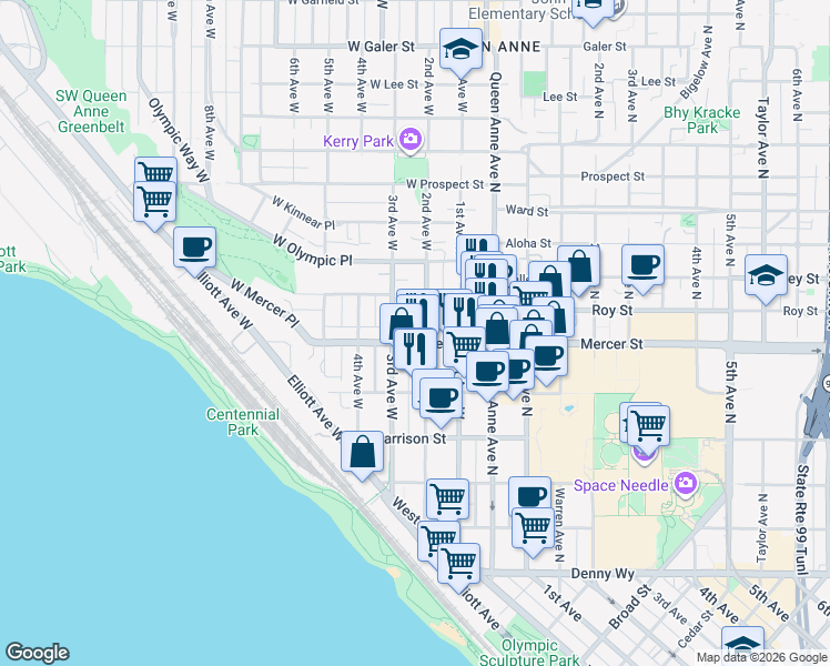 map of restaurants, bars, coffee shops, grocery stores, and more near 200 West Mercer Street in Seattle