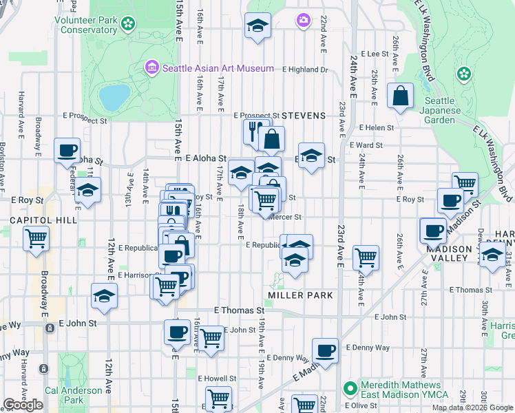 map of restaurants, bars, coffee shops, grocery stores, and more near 615 19th Avenue East in Seattle