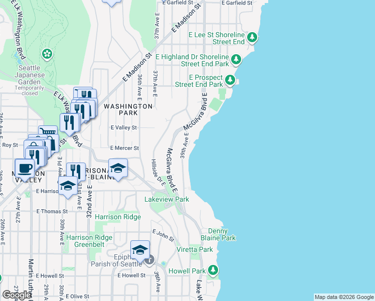 map of restaurants, bars, coffee shops, grocery stores, and more near 474 39th Avenue East in Seattle