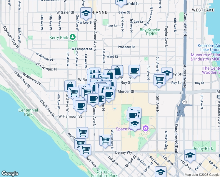 map of restaurants, bars, coffee shops, grocery stores, and more near 606 1st Avenue North in Seattle