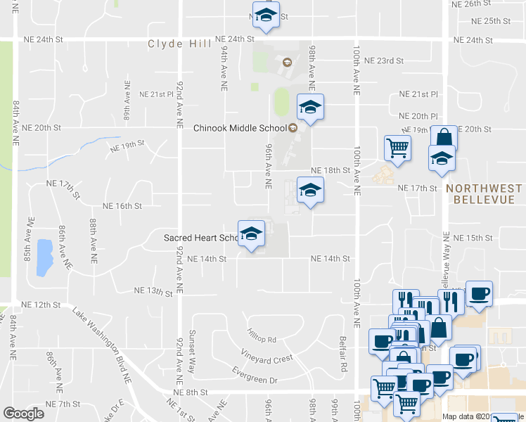 map of restaurants, bars, coffee shops, grocery stores, and more near 9441 Northeast 16th Street in Clyde Hill