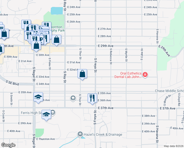 map of restaurants, bars, coffee shops, grocery stores, and more near 3519 East 33rd Avenue in Spokane