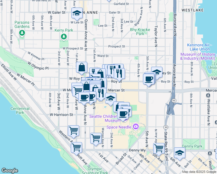 map of restaurants, bars, coffee shops, grocery stores, and more near 168 Mercer Street in Seattle