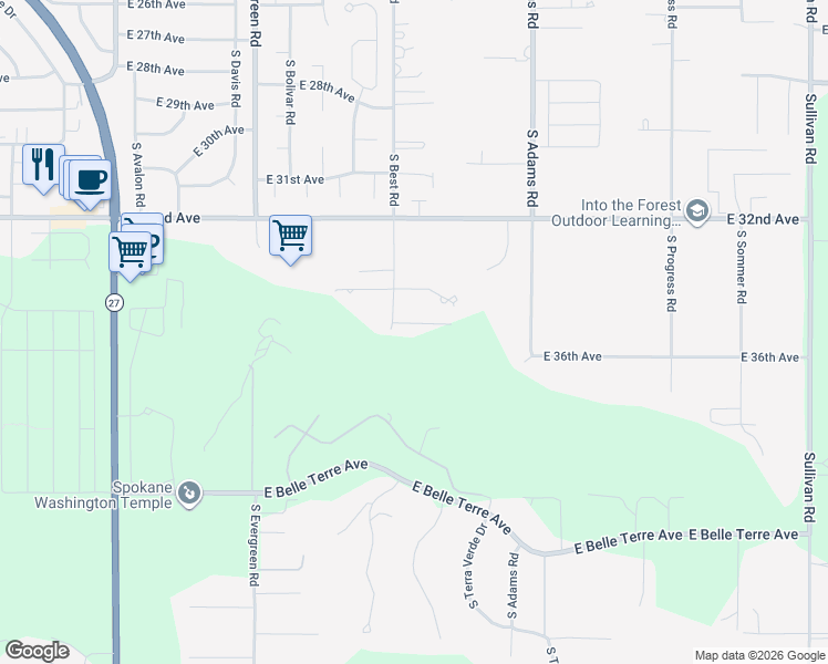 map of restaurants, bars, coffee shops, grocery stores, and more near 3505 South Best Road in Spokane County