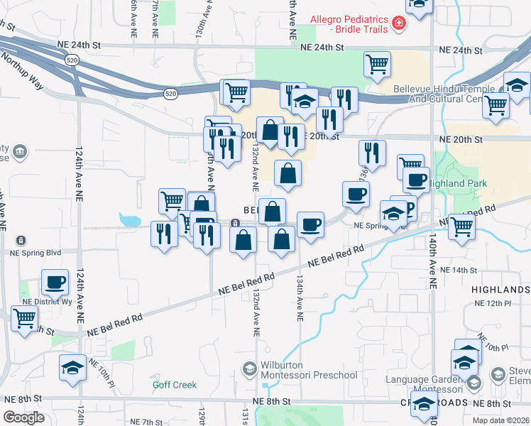 map of restaurants, bars, coffee shops, grocery stores, and more near 13238 Northeast Spring Boulevard in Bellevue