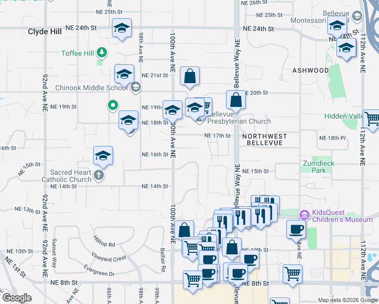 map of restaurants, bars, coffee shops, grocery stores, and more near 10111 Northeast 16th Place in Bellevue