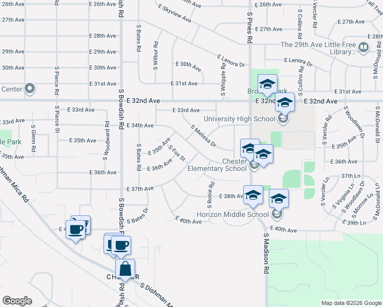 map of restaurants, bars, coffee shops, grocery stores, and more near 3618 South Loretta Drive in Spokane Valley
