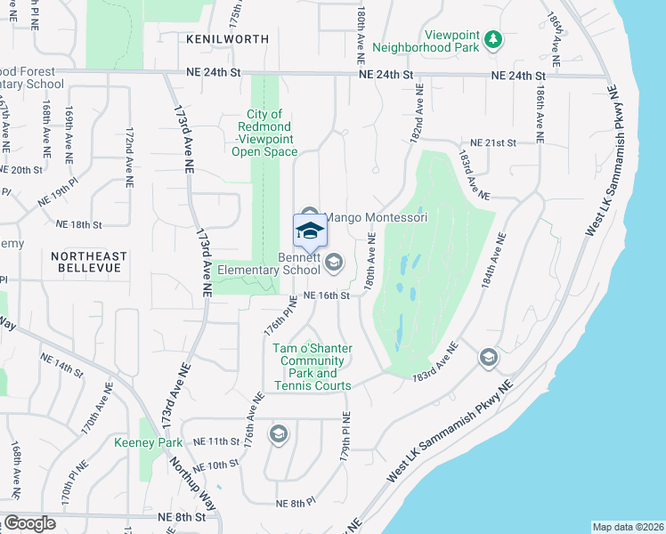 map of restaurants, bars, coffee shops, grocery stores, and more near 17900 NE 16th St in Bellevue