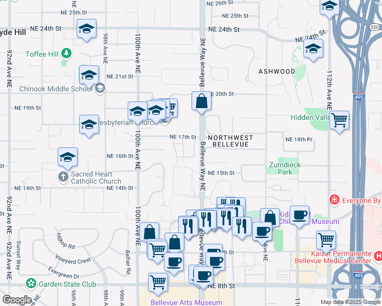 map of restaurants, bars, coffee shops, grocery stores, and more near 1603 103rd Place Northeast in Bellevue