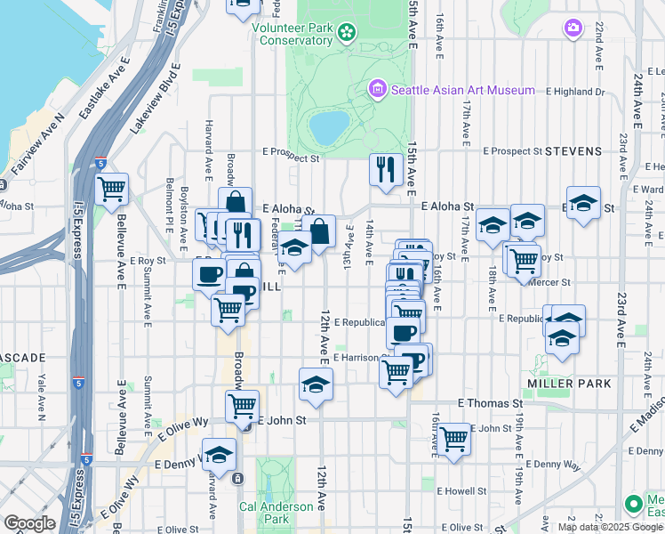 map of restaurants, bars, coffee shops, grocery stores, and more near 623 13th Avenue East in Seattle