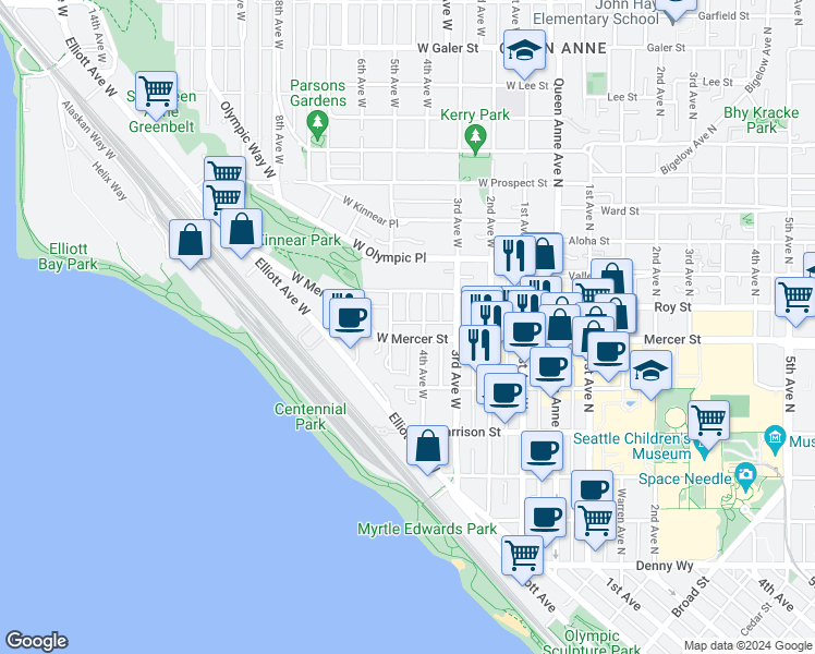 map of restaurants, bars, coffee shops, grocery stores, and more near 412 West Mercer Street in Seattle