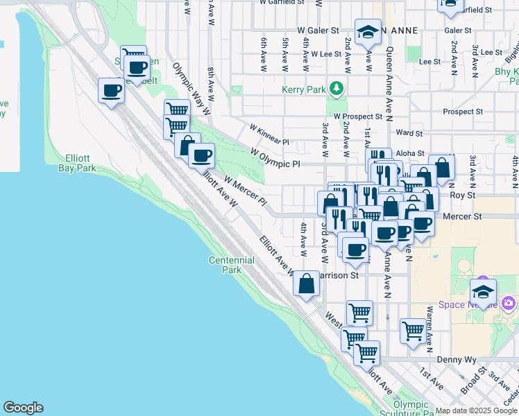 map of restaurants, bars, coffee shops, grocery stores, and more near in Seattle