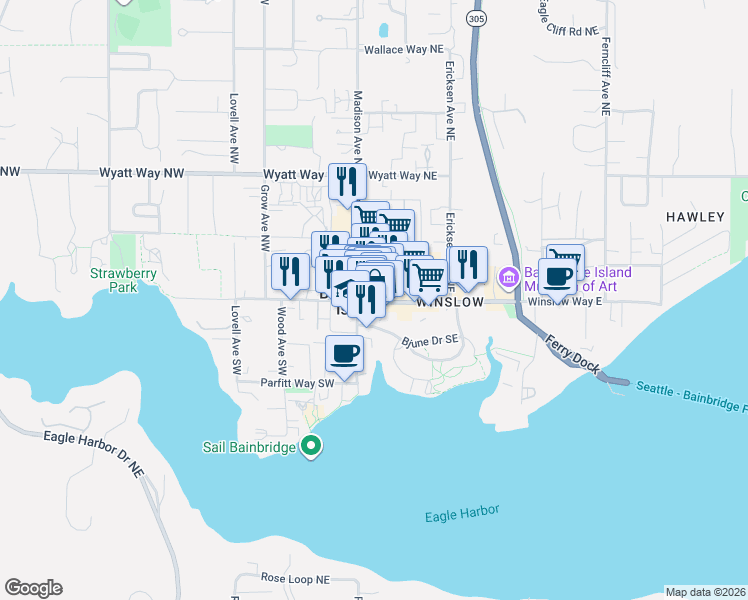map of restaurants, bars, coffee shops, grocery stores, and more near 176 Winslow Way East in Bainbridge Island