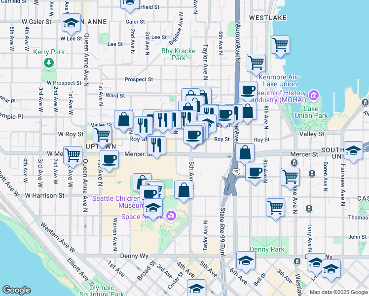 map of restaurants, bars, coffee shops, grocery stores, and more near 605 5th Avenue North in Seattle