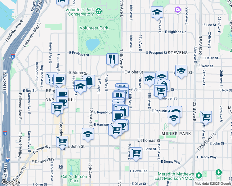 map of restaurants, bars, coffee shops, grocery stores, and more near 620 Malden Avenue East in Seattle