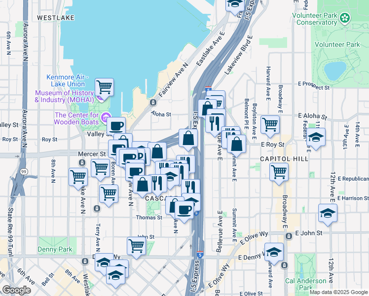 map of restaurants, bars, coffee shops, grocery stores, and more near in Seattle