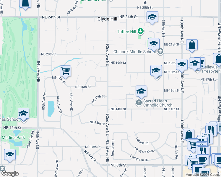 map of restaurants, bars, coffee shops, grocery stores, and more near 11 Clyde Lane in Clyde Hill