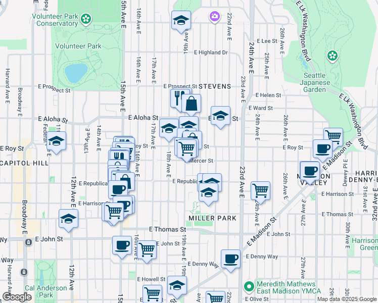 map of restaurants, bars, coffee shops, grocery stores, and more near 620 19th Avenue East in Seattle