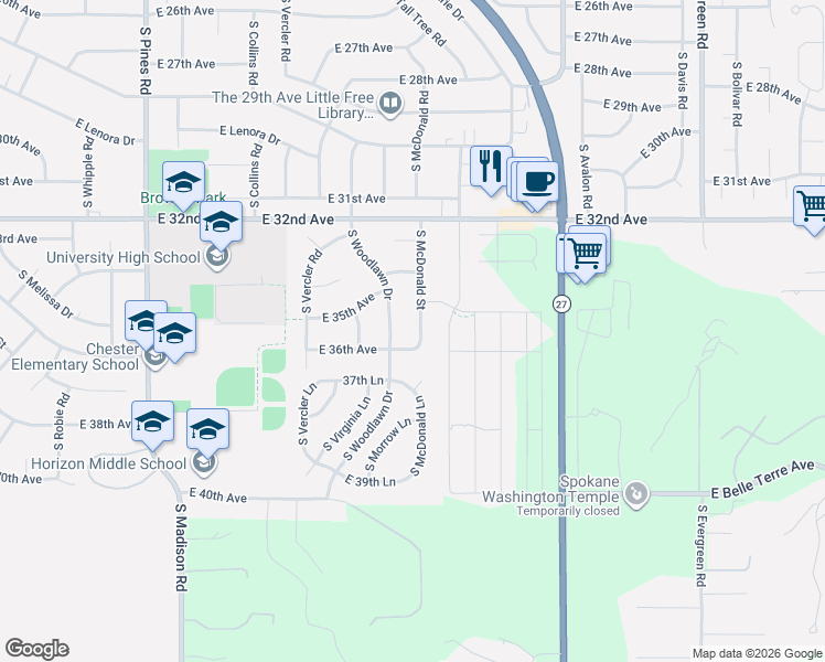 map of restaurants, bars, coffee shops, grocery stores, and more near 3520 South McDonald Street in Spokane Valley