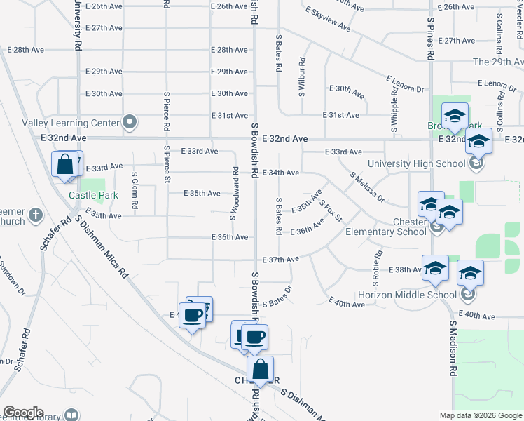 map of restaurants, bars, coffee shops, grocery stores, and more near 3515 South Bowdish Road in Spokane Valley