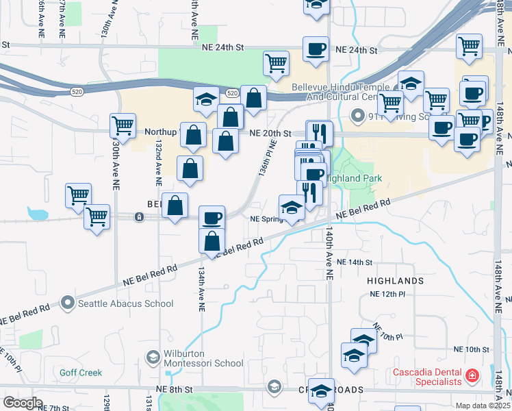 map of restaurants, bars, coffee shops, grocery stores, and more near 1620 136th Place Northeast in Bellevue