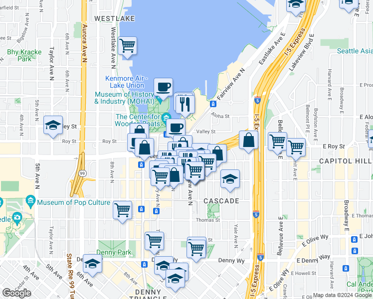 map of restaurants, bars, coffee shops, grocery stores, and more near 609 Fairview Avenue North in Seattle