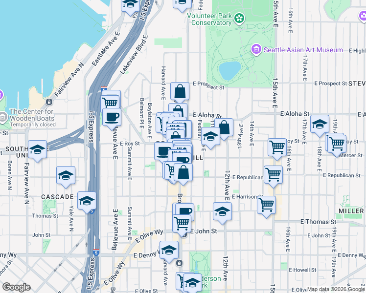 map of restaurants, bars, coffee shops, grocery stores, and more near 626 Broadway East in Seattle