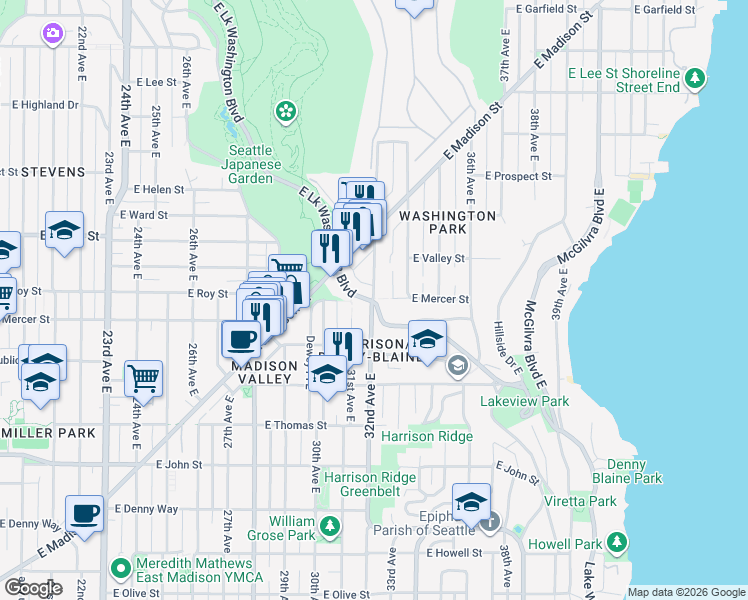 map of restaurants, bars, coffee shops, grocery stores, and more near Lake Washington Blvd E & 32nd Ave E in Seattle