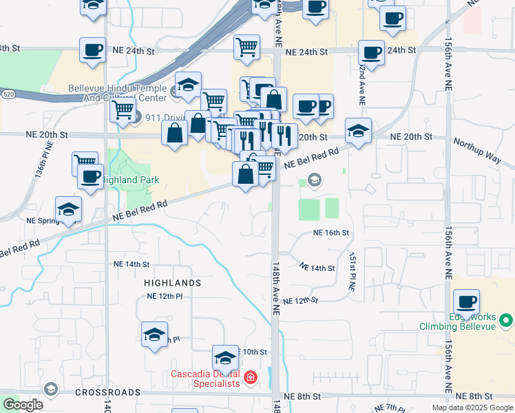 map of restaurants, bars, coffee shops, grocery stores, and more near 14650 Northeast 16th Street in Bellevue