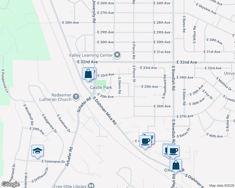 map of restaurants, bars, coffee shops, grocery stores, and more near 3428 South Glenn Road in Spokane Valley