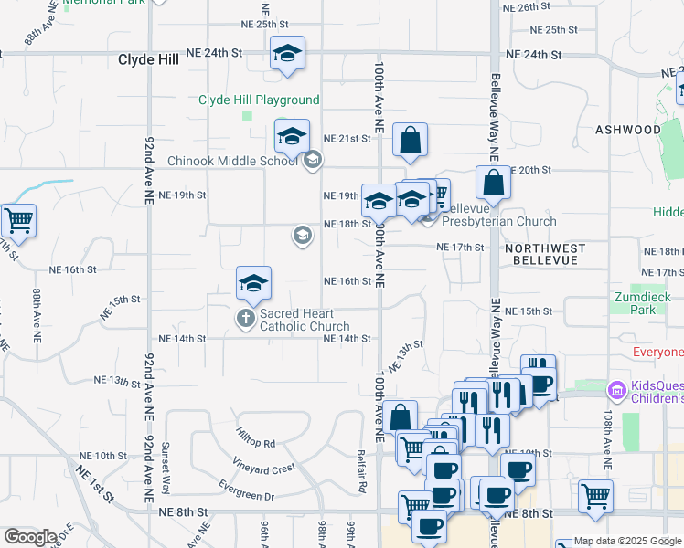 map of restaurants, bars, coffee shops, grocery stores, and more near 9820 Northeast 16th Street in Bellevue
