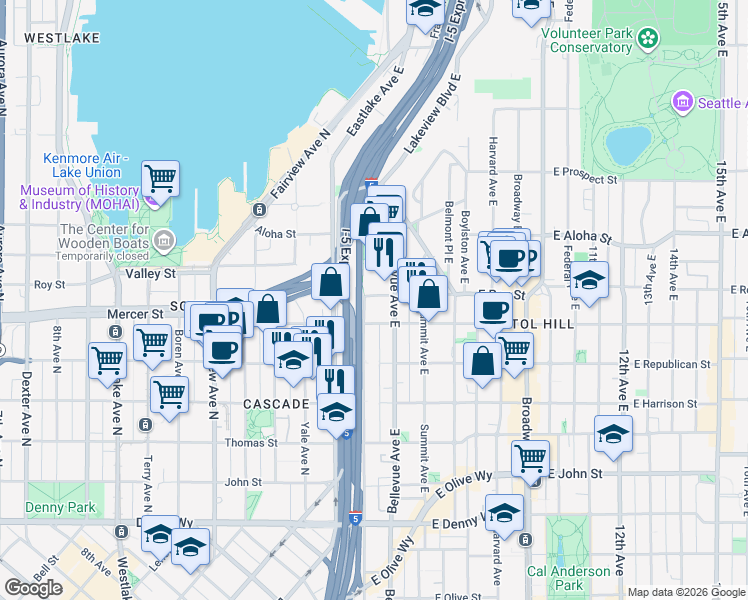 map of restaurants, bars, coffee shops, grocery stores, and more near 301 East Roy Street in Seattle