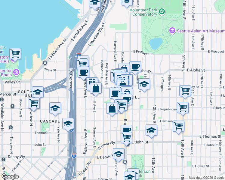 map of restaurants, bars, coffee shops, grocery stores, and more near 707 East Roy Street in Seattle