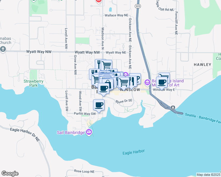 map of restaurants, bars, coffee shops, grocery stores, and more near 176 Winslow Way East in Bainbridge Island