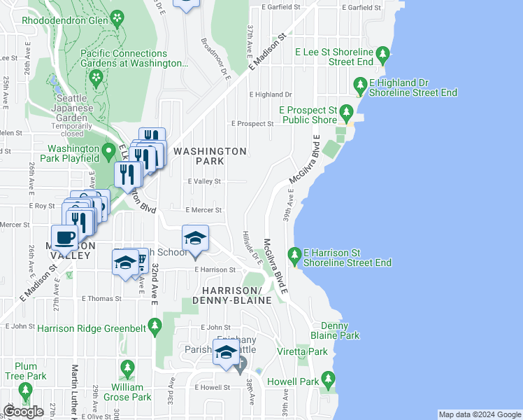 map of restaurants, bars, coffee shops, grocery stores, and more near 521 McGilvra Boulevard East in Seattle