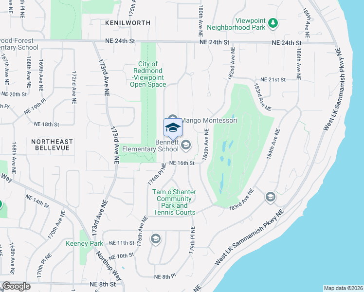 map of restaurants, bars, coffee shops, grocery stores, and more near 17900 NE 16th St in Bellevue