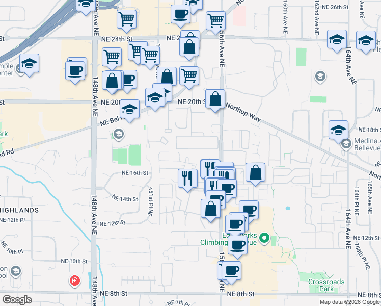 map of restaurants, bars, coffee shops, grocery stores, and more near 15212 Northeast 16th Place in Bellevue